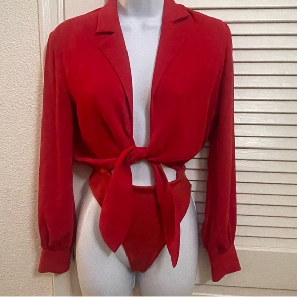 Babaton Tops - BABATON Aritzia Bodysuit XXS Red Long Sleeve Tie Front Ace Blazer Style Thong